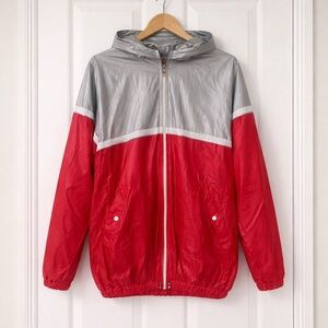 Vintage Silver Fox Rain Jacket Red Gray Hooded PVC Windbreaker Size L Retro